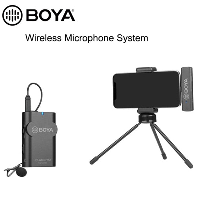 BOYA BY-WM4 PRO wireless microphone system shown with transmitter, receiver, and smartphone setup on a tripod for video recording.