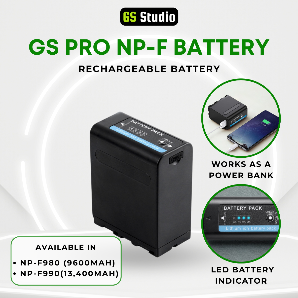 GS Pro NP-F980 NP-F990 NPF Battery Rechargeable NP-F Li-ion Battery Type C USB (13400mAh) | Multi-function Charger