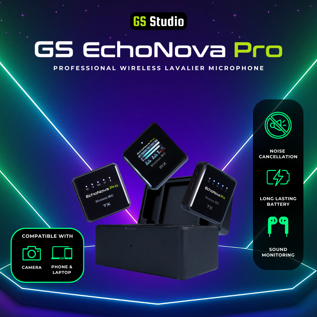 GS EchoNova Pro Wireless Lavalier Microphone Noise-Canceling 24-Hour Battery Life Ideal Mic for DSLR Cameras iPhone Android Live Streaming