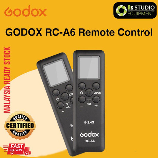 Godox RC-A6 remote control for SL150II, SL200II, FV150, FV200, and LF308 with 2.4 GHz wireless functionality and certified quality badge.