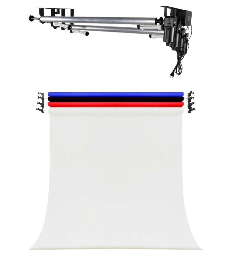 GS Cross Bar for Manual Chain Kit installed with multiple backdrops, providing a versatile background support solution for photography studios.