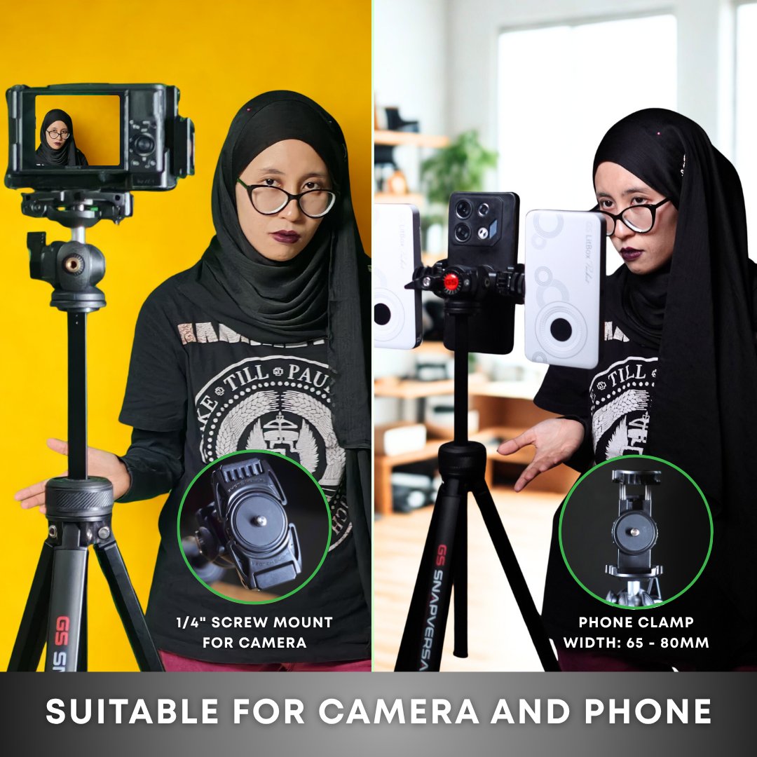 GS SnapVersa Neo 2 in 1 Ergonomic Tripod for Camera & Phone – Eye-Level 154cm Height with Dual Hot Shoe Mount