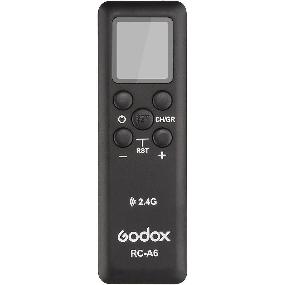 Godox RC-A6 remote control featuring a sleek black design, LCD screen, and intuitive buttons for studio light adjustments.