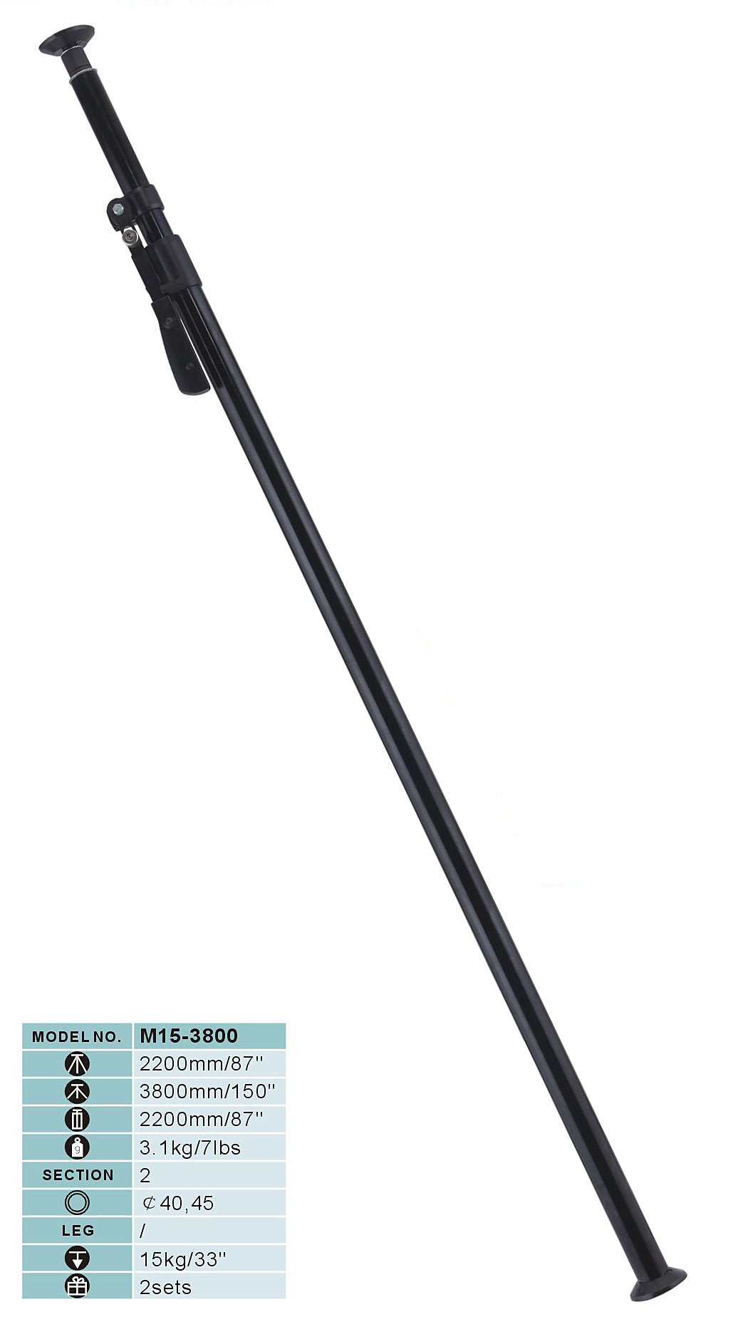 Single GS HEAVY DUTY AUTOPOLE SUPPORT 3.8M with specifications chart, showcasing its extendable design and durable construction for studio setups.