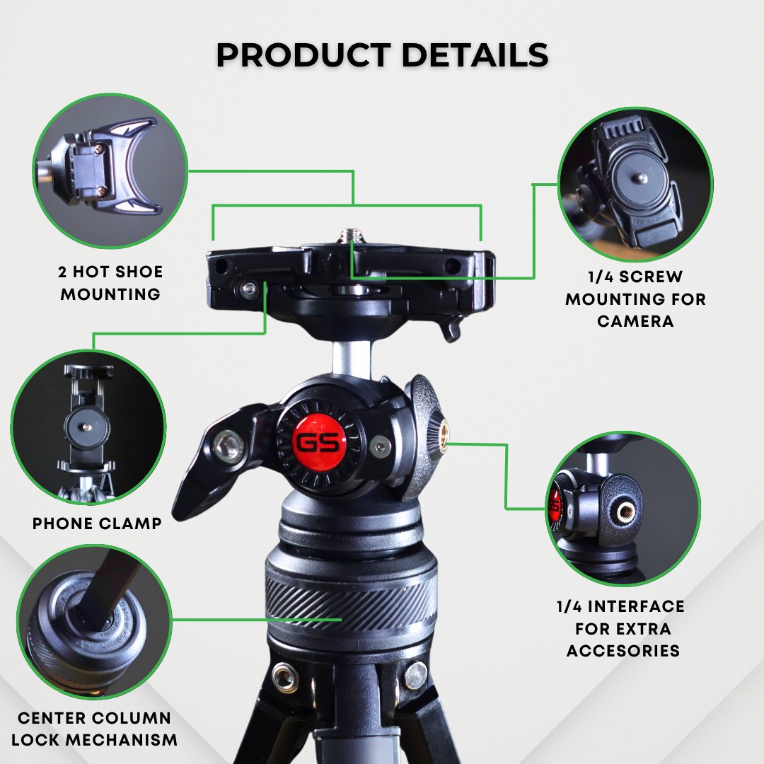 GS SnapVersa Neo 2 in 1 Ergonomic Tripod for Camera & Phone – Eye-Level 154cm Height with Dual Hot Shoe Mount