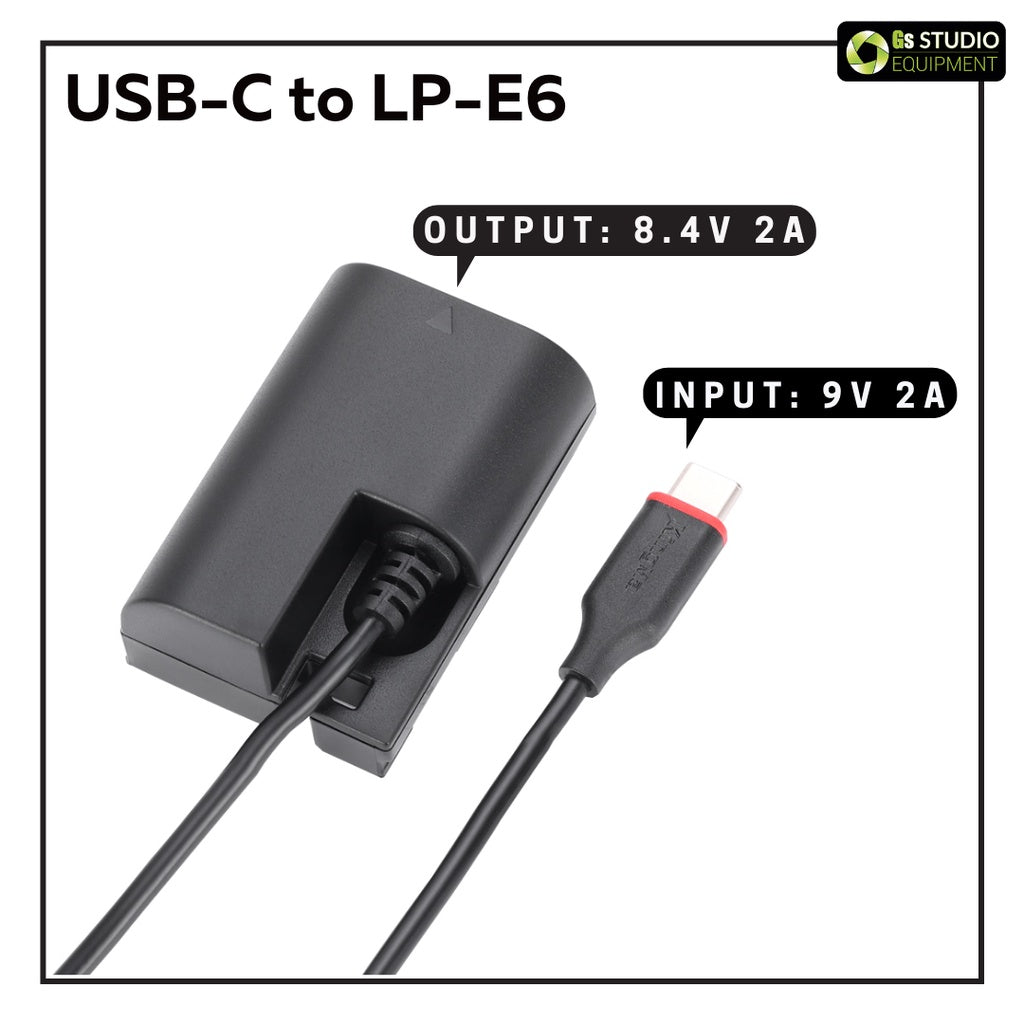 Close-up of GS LP-E6 LP-E6NH USB-C Dummy Battery with 9V 2A input and 8.4V 2A output, designed for Canon EOS cameras.