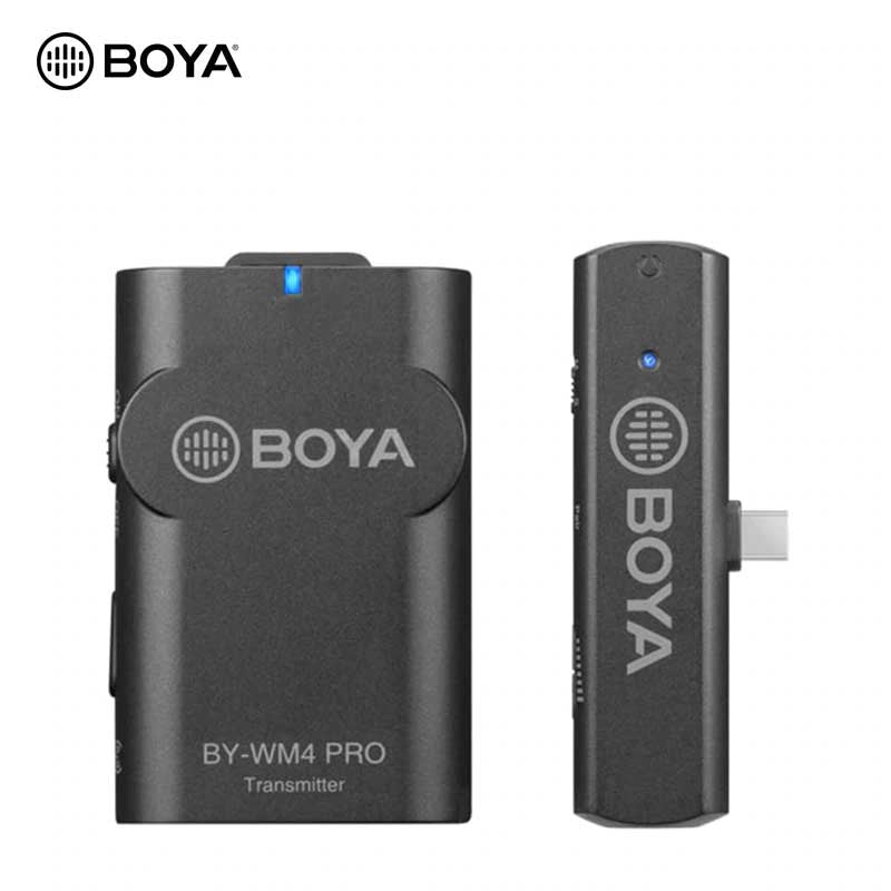 Close-up of BOYA BY-WM4 PRO transmitter and receiver, designed for 2.4GHz wireless audio capture on smartphones and cameras.
