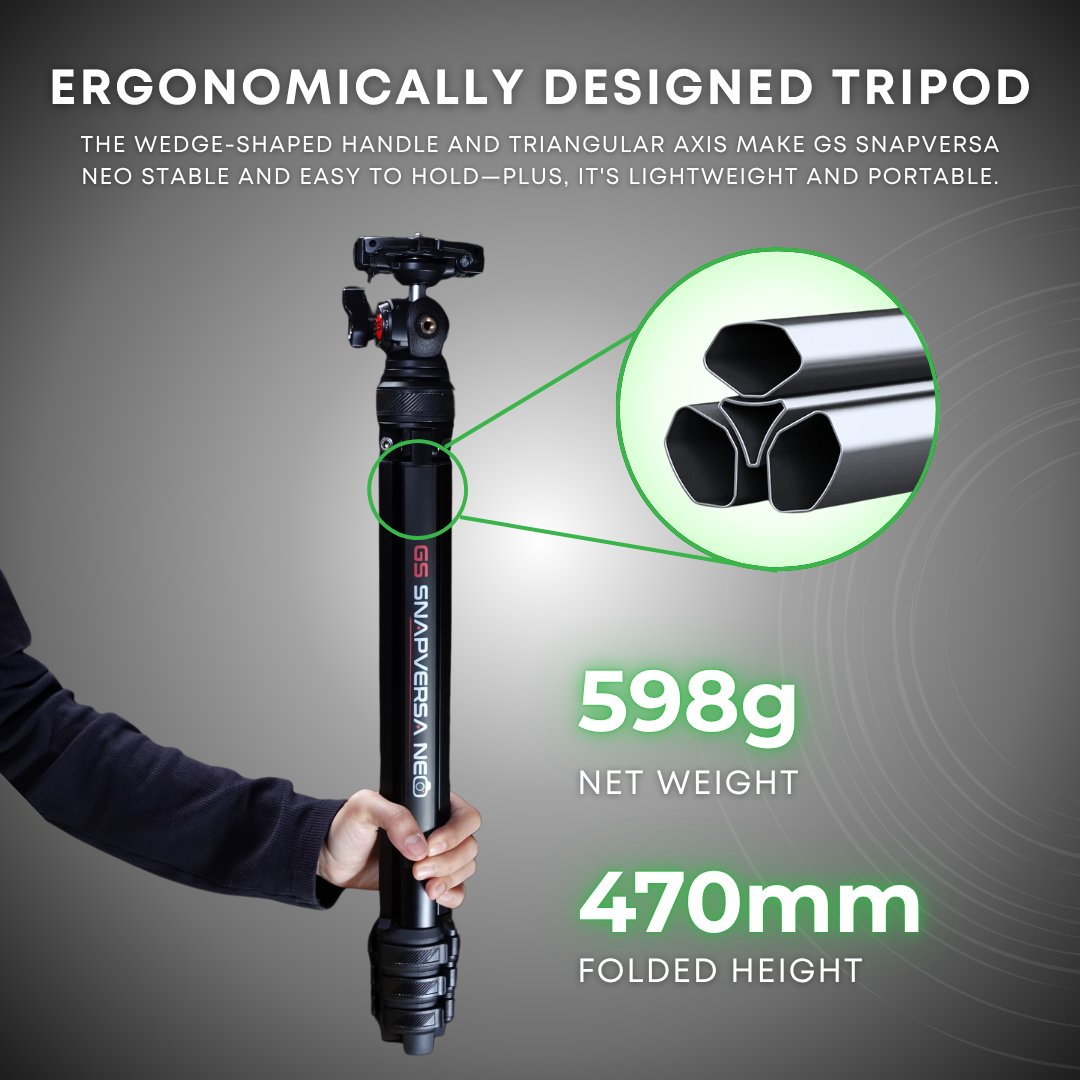 GS SnapVersa Neo 2 in 1 Ergonomic Tripod for Camera & Phone – Eye-Level 154cm Height with Dual Hot Shoe Mount