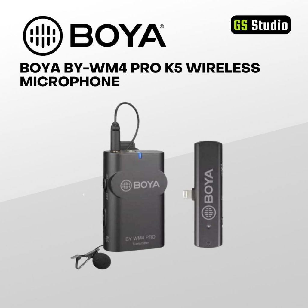 BOYA BY-WM4 PRO K5 wireless microphone system with transmitter, receiver, and lavalier mic for smartphones and video recording.