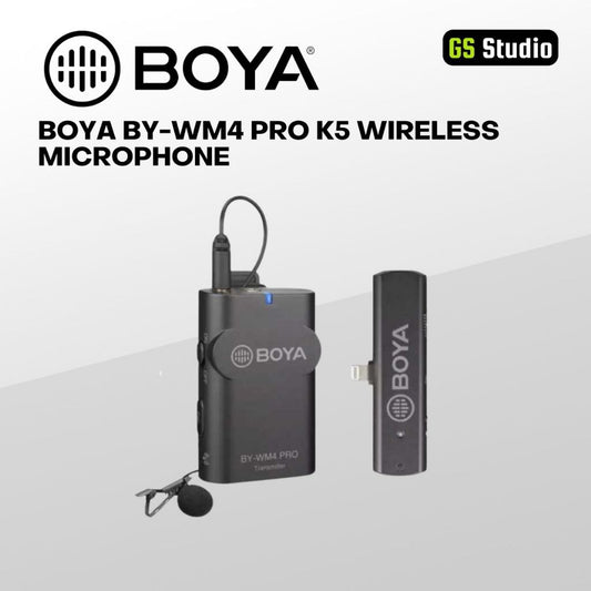 BOYA BY-WM4 PRO K5 wireless microphone system with transmitter, receiver, and lavalier mic for smartphones and video recording.