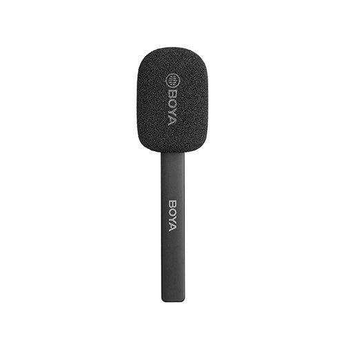 Boya BY-XM6 HM handheld wireless microphone holder with attached foam windscreen, designed for professional audio recording and streaming.