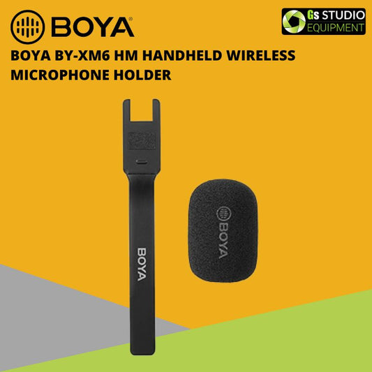 Boya BY-XM6 HM handheld wireless microphone holder with foam windscreen, ideal for interviews, vlogging, and streaming, displayed on a colorful background.