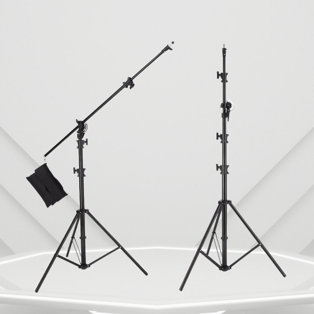 This versatile stand serves dual purposes, functioning both as a standard light stand and a boom stand. With its quick conversion capability, it seamlessly transitions from one mode to the other in mere seconds.