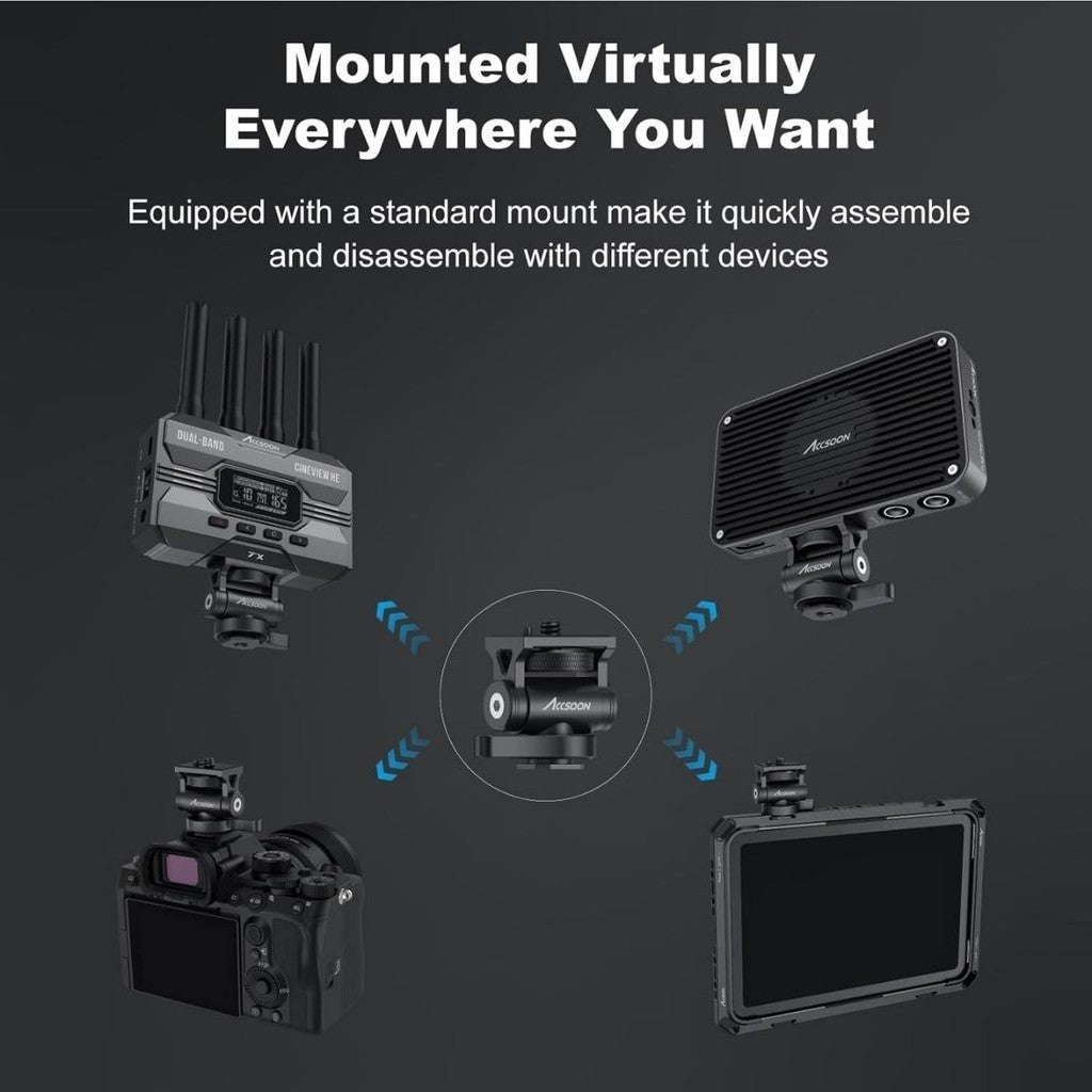 Accsoon Multi-Directional Cold Shoe Mount Adapter compatible with various devices, offering quick assembly and disassembly.