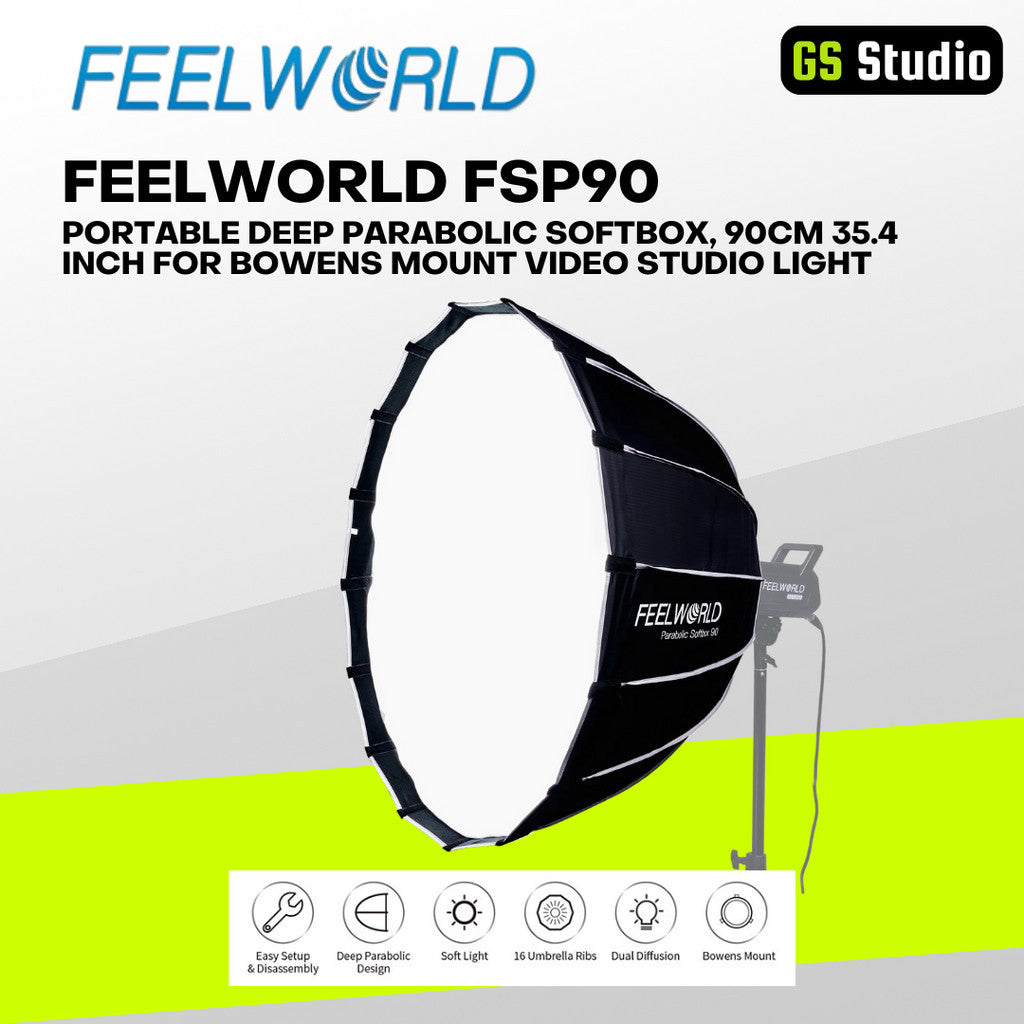 FEELWORLD FSP90 deep parabolic softbox, 90cm diameter, displayed with Bowens mount compatibility and key features like easy setup and soft light diffusion.
