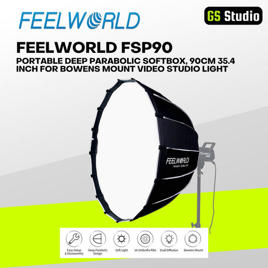 FEELWORLD FSP90 deep parabolic softbox, 90cm diameter, displayed with Bowens mount compatibility and key features like easy setup and soft light diffusion.