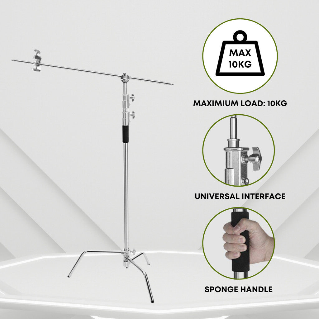 GS G-30 PREMIUM SERIES PROFESSIONAL STAINLESS STEEL HEAVY DUTY C-STAND 330CM WITH ARM AND 2 GRIPS FOR PHOTOGRAPHY VIDEOG