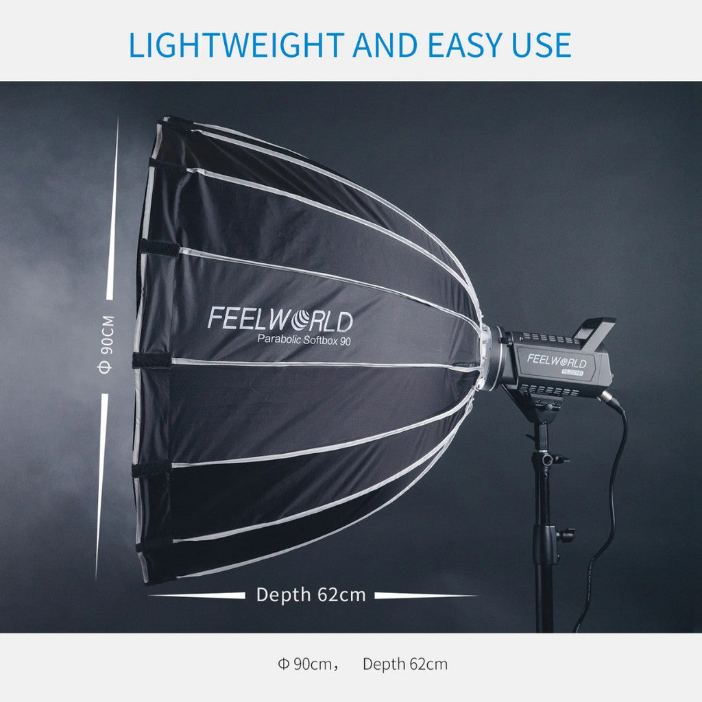 FEELWORLD FSP90 lightweight parabolic softbox with 90cm diameter and 62cm depth, mounted on a studio light for professional use.