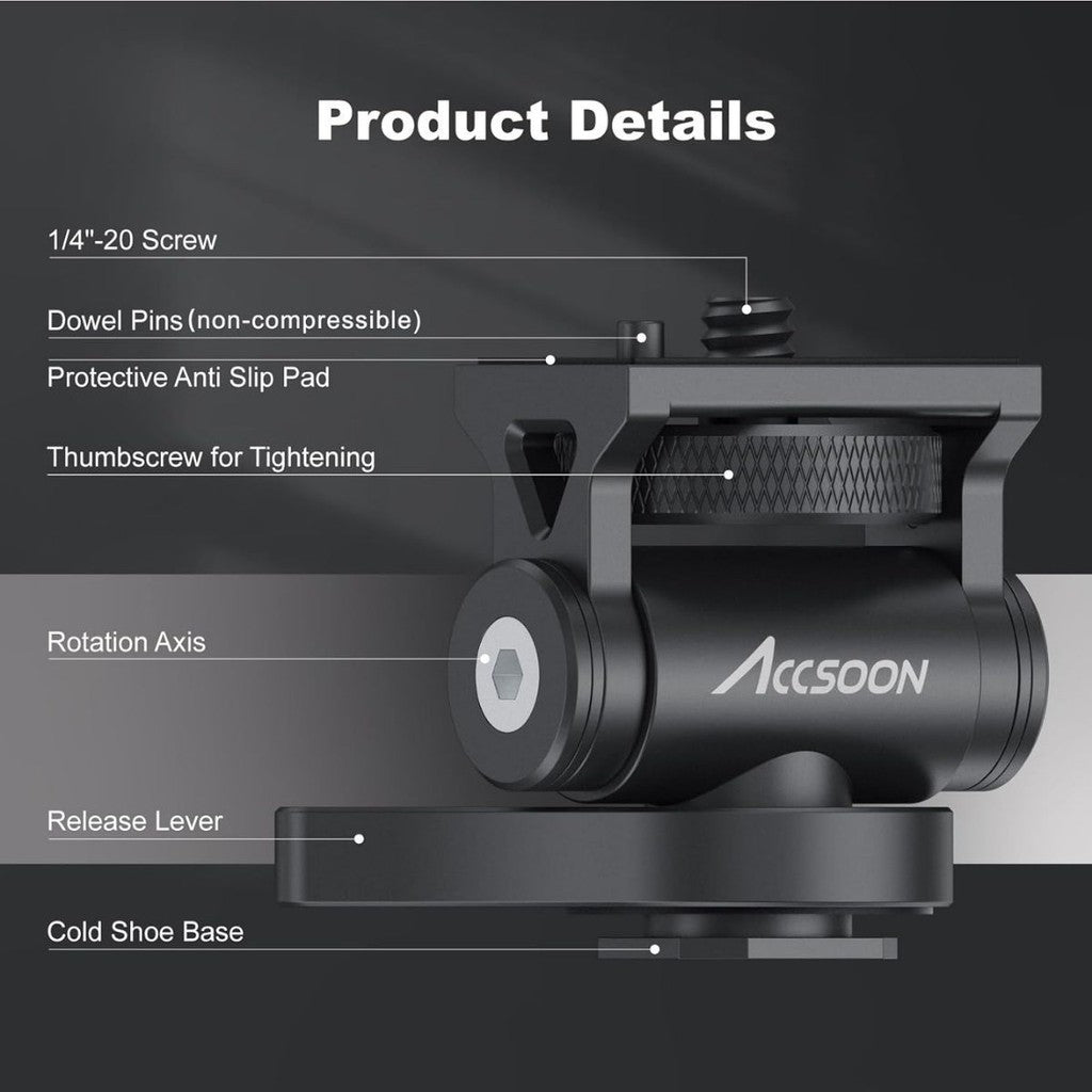 Detailed view of the Accsoon Multi-Directional Cold Shoe Mount Adapter showing 1/4" screw, dowel pins, anti-slip pad, and rotation axis.