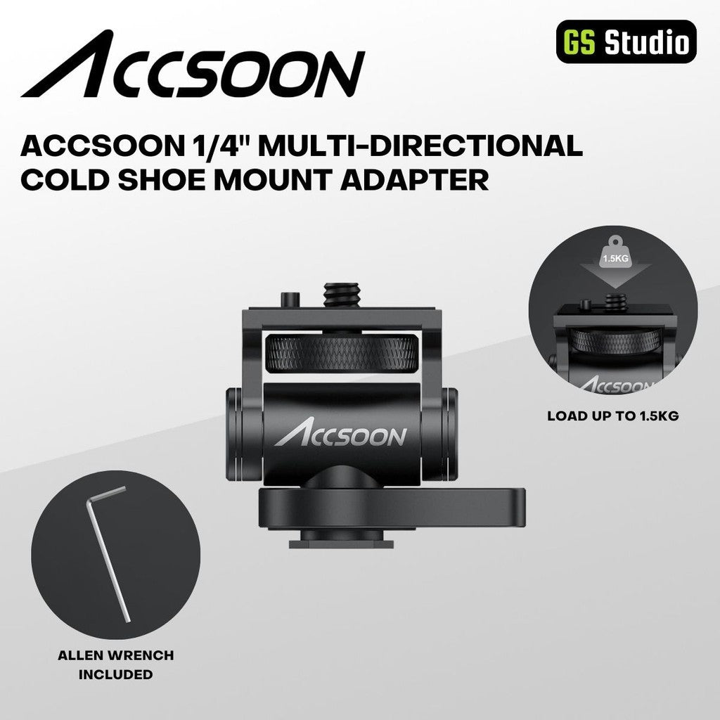 Accsoon 1/4" Multi-Directional Cold Shoe Mount Adapter with Allen wrench included, supports up to 1.5kg, ideal for camera accessories.