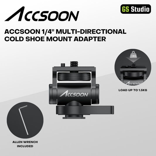 Accsoon 1/4" Multi-Directional Cold Shoe Mount Adapter with Allen wrench included, supports up to 1.5kg, ideal for camera accessories.