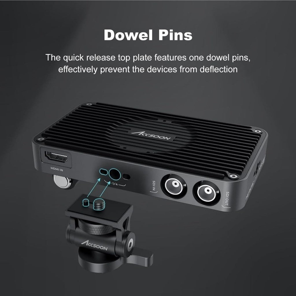 Accsoon Cold Shoe Mount Adapter with dowel pins for secure attachment, preventing device deflection during use.
