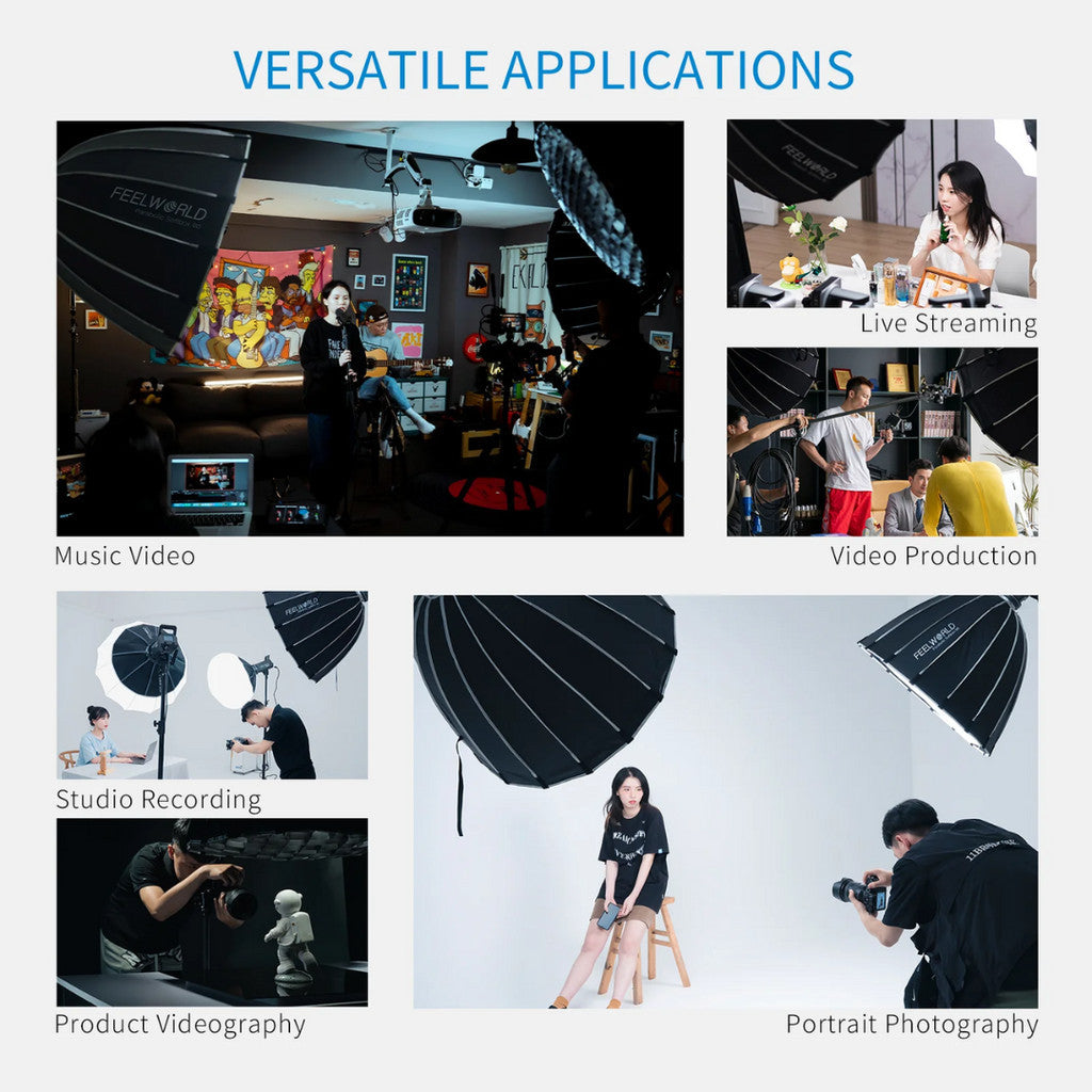 Versatile applications of FEELWORLD FSP90 softbox, including live streaming, video production, portrait photography, and music video shoots.