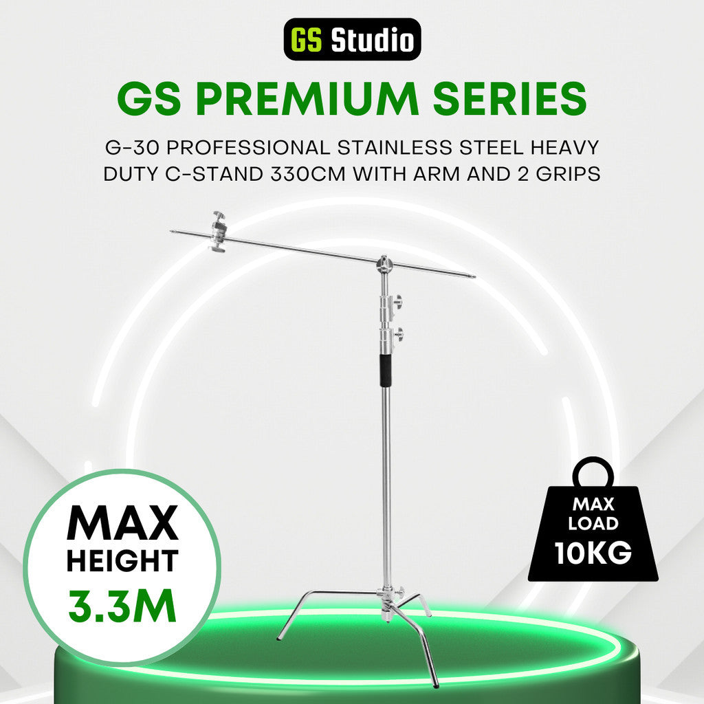 GS G-30 PREMIUM SERIES PROFESSIONAL STAINLESS STEEL HEAVY DUTY C-STAND 330CM WITH ARM AND 2 GRIPS FOR PHOTOGRAPHY VIDEOG
