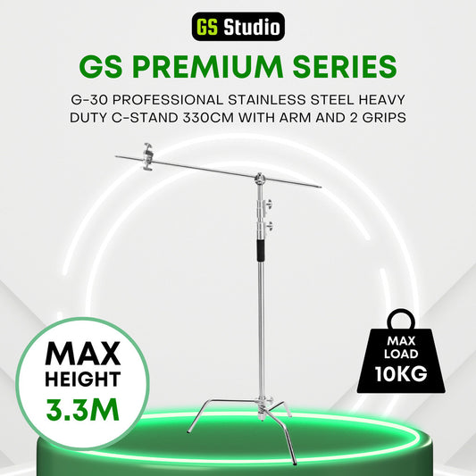 GS G-30 PREMIUM SERIES PROFESSIONAL STAINLESS STEEL HEAVY DUTY C-STAND 330CM WITH ARM AND 2 GRIPS FOR PHOTOGRAPHY VIDEOG