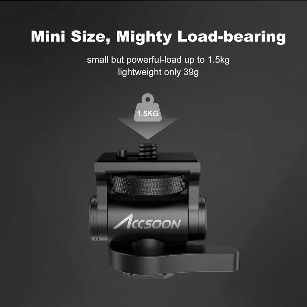 Compact Accsoon Cold Shoe Mount Adapter with 1.5kg load capacity, lightweight at 39g, perfect for portable camera setups.