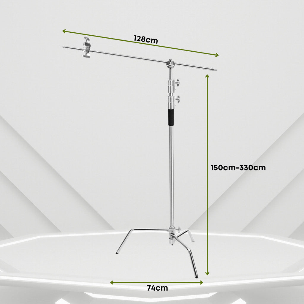 GS G-30 PREMIUM SERIES PROFESSIONAL STAINLESS STEEL HEAVY DUTY C-STAND 330CM WITH ARM AND 2 GRIPS FOR PHOTOGRAPHY VIDEOG