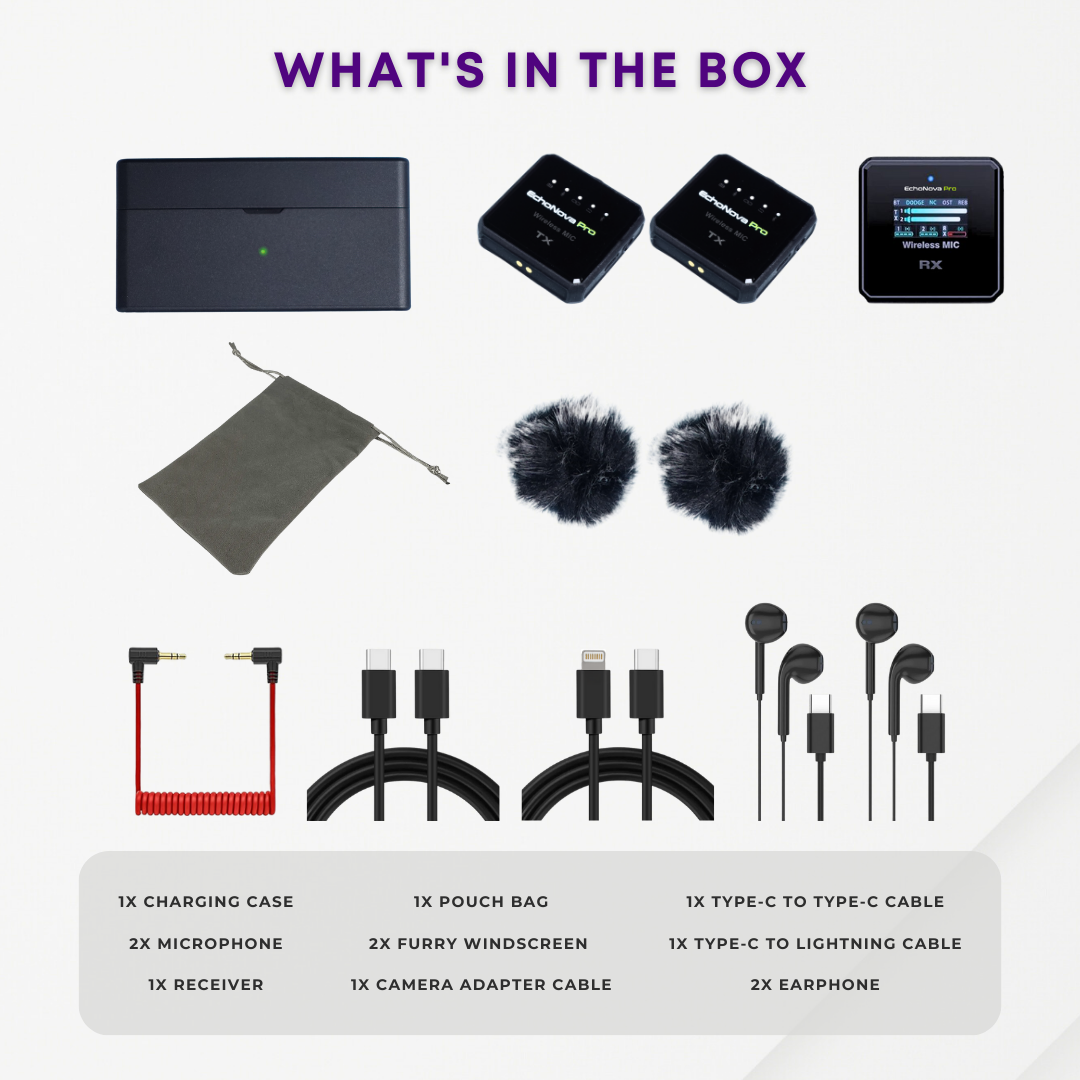 GS EchoNova Pro Wireless Lavalier Microphone Noise-Canceling 24-Hour Battery Life Ideal Mic for DSLR Cameras iPhone Android Live Streaming