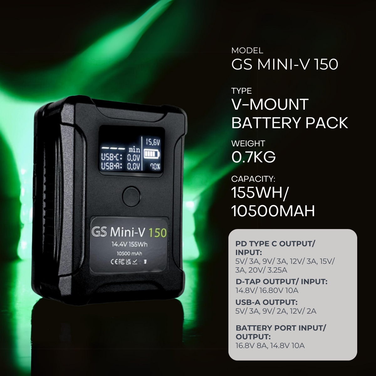 GS Mini-V Mini V-Mount Rechargeable Battery with USB-C PD Type C 65w Ultra Compact Li-Ion for Light & Camera