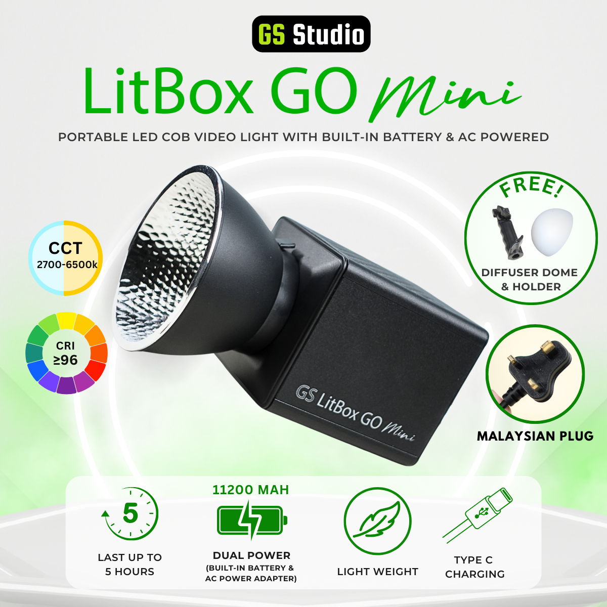 GS LitBox Go Mini Portable LED COB Video Light Built-in Battery & AC Powered