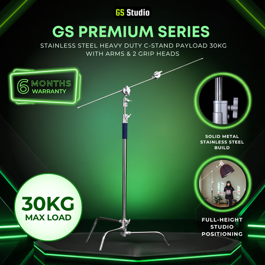 GS PREMIUM SERIES PROFESSIONAL STAINLESS STEEL HEAVY DUTY C-STAND 330CM WITH ARM AND 2 GRIPS FOR PHOTOGRAPHY VIDEOG