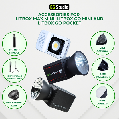 Accessories for LitBox Max Mini, LitBox GO Mini and LitBox GO Pocket Mini Lantern Mini Parabolic Softbox Battery Handle