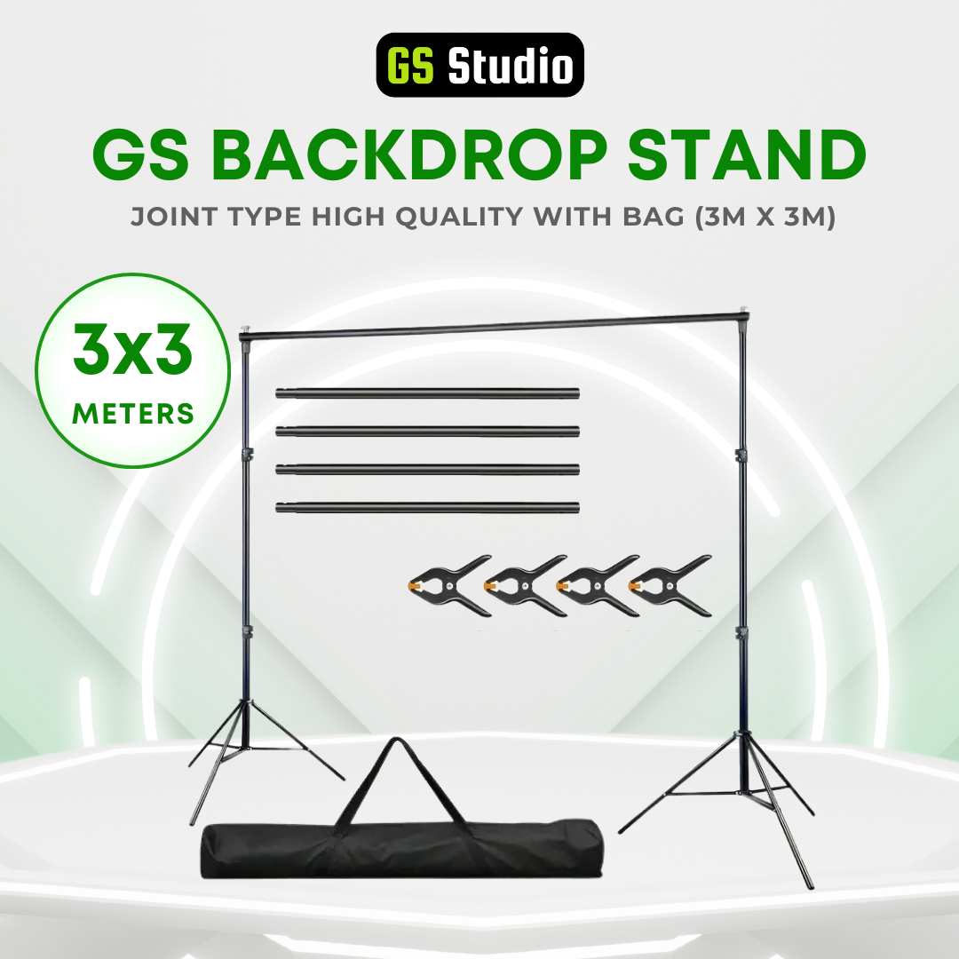 Introducing GS Backdrop Stand (3m x 3m), with four clamps and a bag.