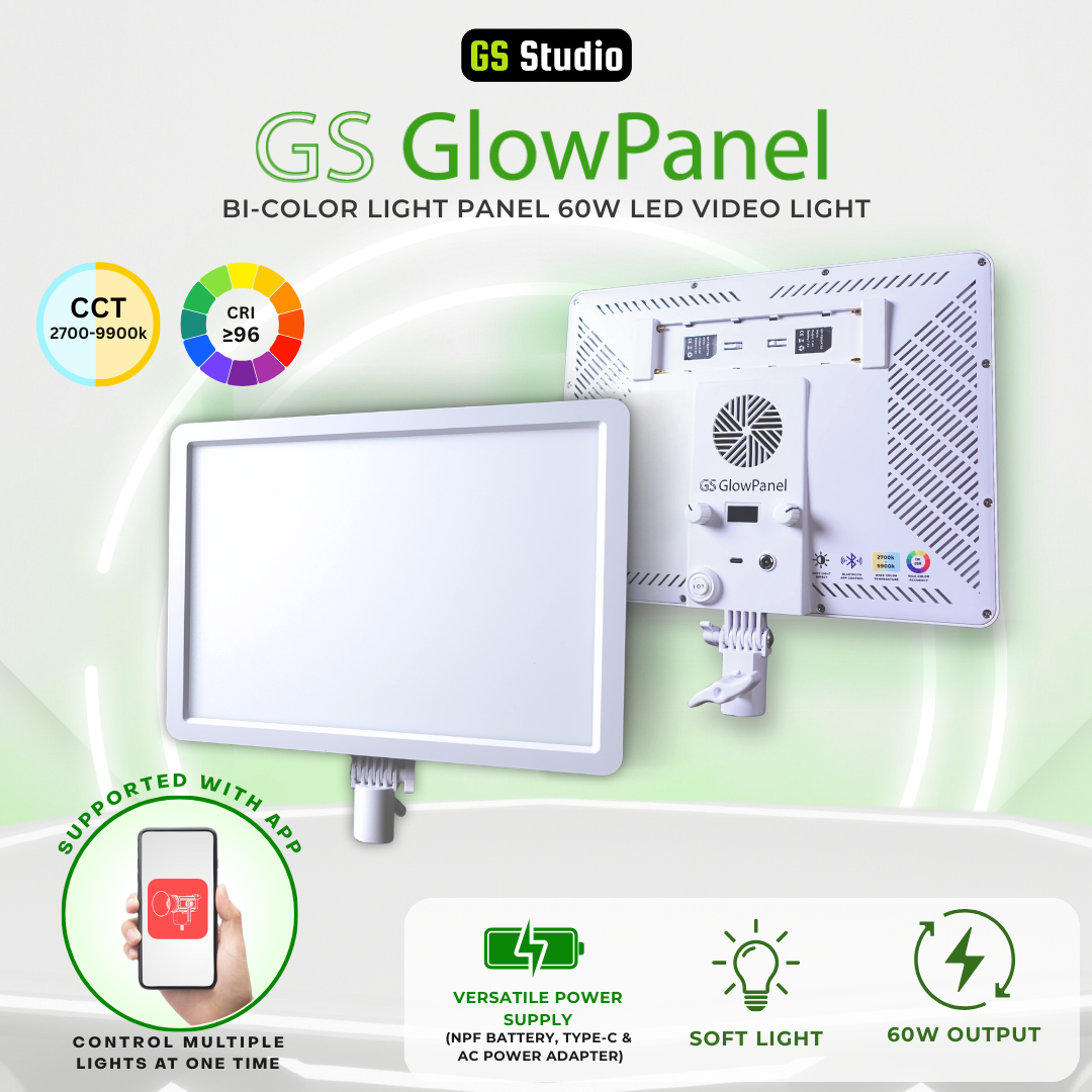 GS GlowPanel Bi-Color Light Panel Photography Videography Soft Light 60W LED Video Light 2700K-9900K CRI96+ Type C DC