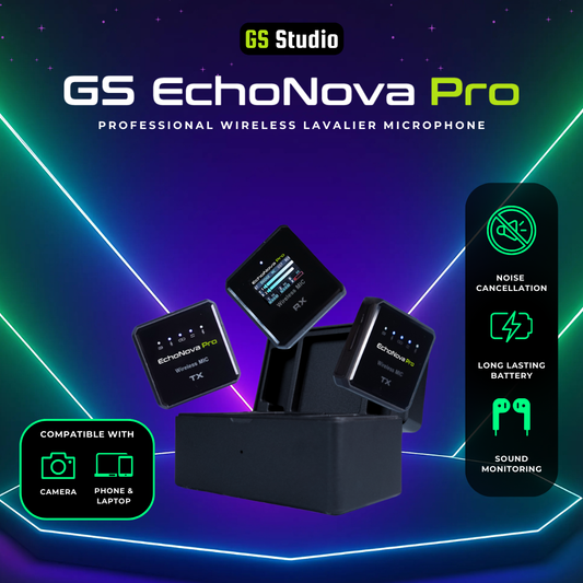GS EchoNova Pro Wireless Lavalier Microphone Noise-Canceling 24-Hour Battery Life Ideal Mic for DSLR Cameras iPhone Android Live Streaming