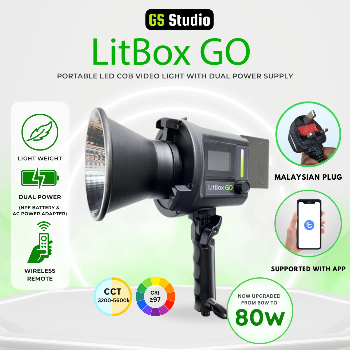 GS LitBox Go Portable LED COB Video Light Battery & AC Powered 80W