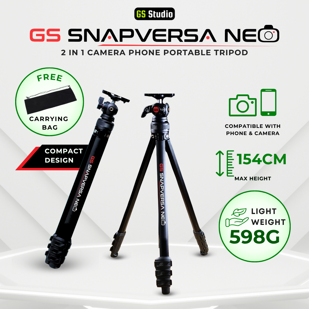 GS SnapVersa Neo 2 in 1 Ergonomic Tripod for Camera & Phone – Eye-Level 154cm Height with Dual Hot Shoe Mount