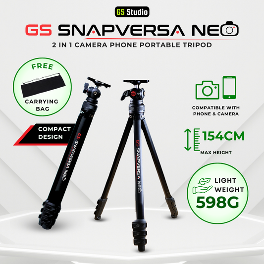 GS SnapVersa Neo 2 in 1 Ergonomic Tripod for Camera & Phone – Eye-Level 154cm Height with Dual Hot Shoe Mount