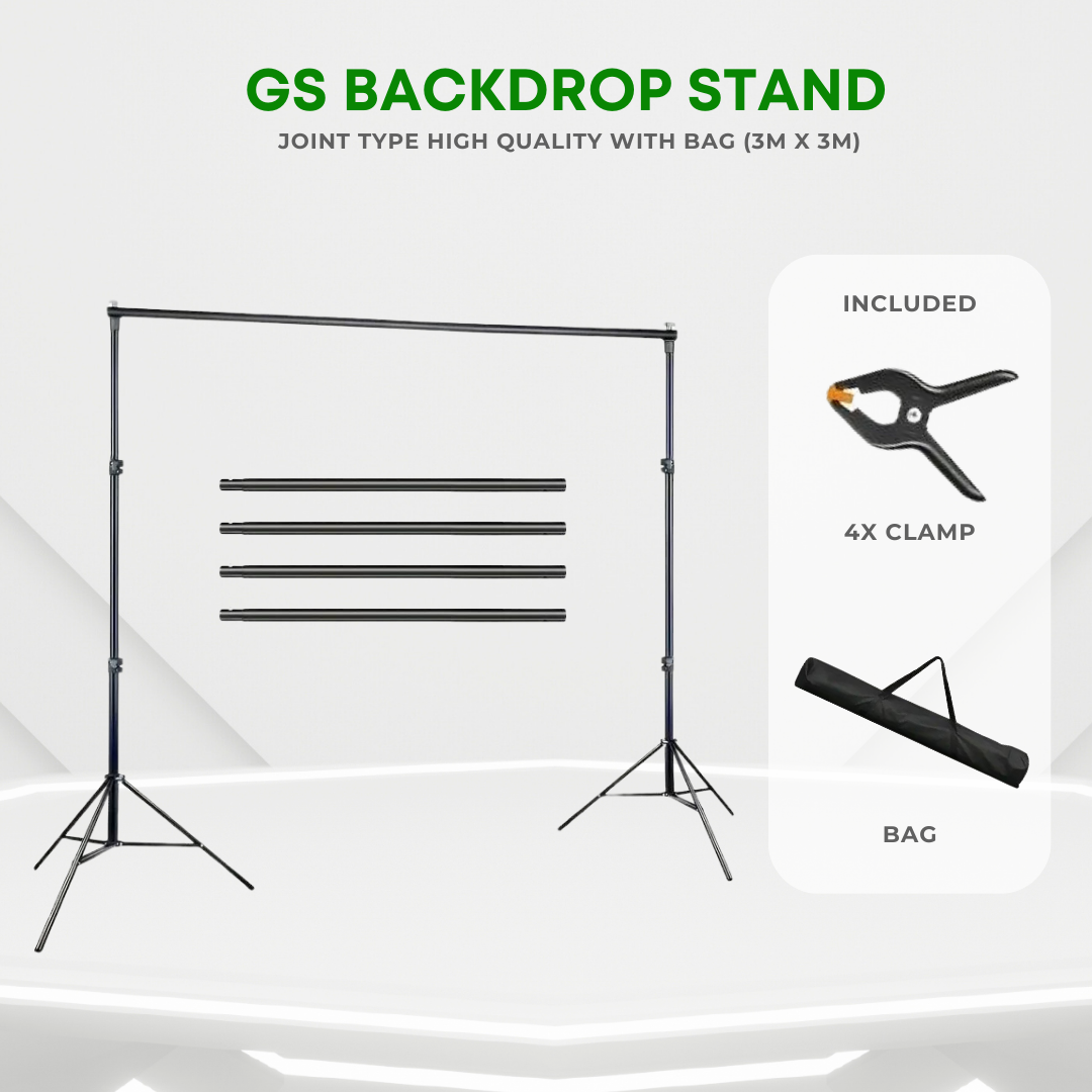 GS Backdrop Stand consists of four rods, two stands, 1 bag and four clamp.