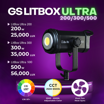 GS LitBox Ultra COB 200 300 500 LED Video Light 2700-6500K Bi-Color with Wireless Remote APP Control CRI 97+ 200w 300w 500w