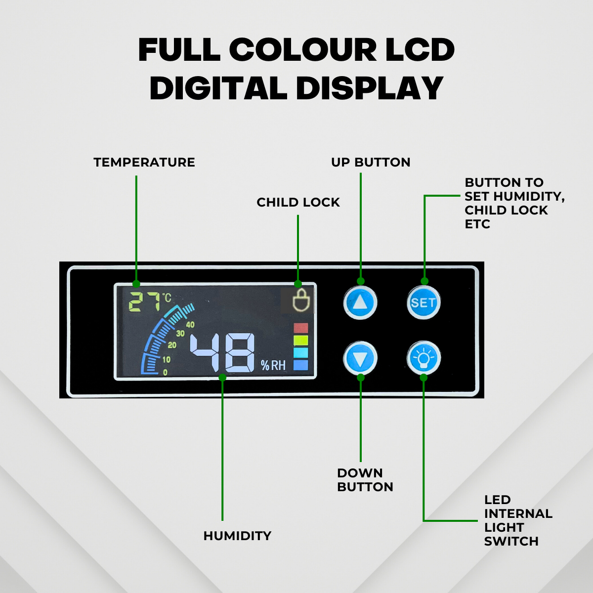 Full-Color LCD Digital Display: Effortlessly monitor and control humidity levels using the vibrant LCD display.