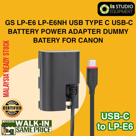 GS LP-E6 LP-E6NH USB Type C Battery Power Adapter Dummy Battery for Canon cameras, featuring USB-C input and compact design.