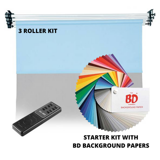 [BD] Wall Mounted Motorized 3 Rollers Backdrop Kit with 3 Colors Paper Backdrop Starter Kit (Wireless Remote)