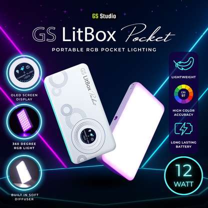 GS LitBox Pocket 12W RGB Portable Pocket Light with Powerbank Daylight CCT 2700–7500K CRI 97 13 Special Effects 5000mAh