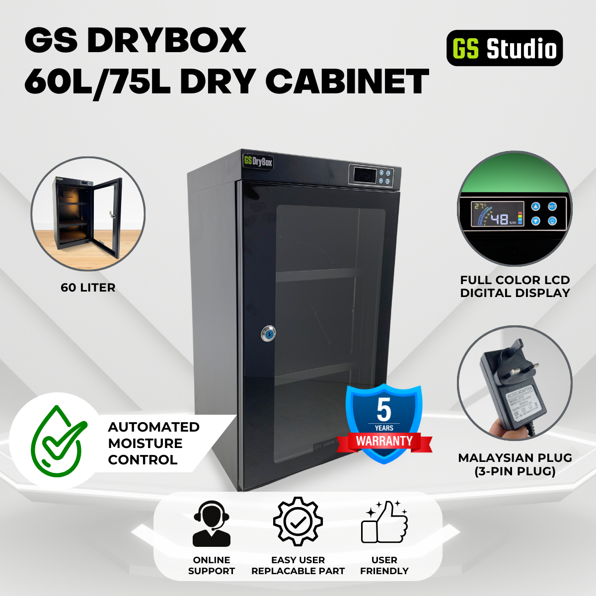 GS DRYBOX DIGITAL FULL AUTO 60 LITER 75 LITER (60L/75L) DRY CABINET BOX LCD DIGITAL DISPLAY 5 YEARS WARRANTY