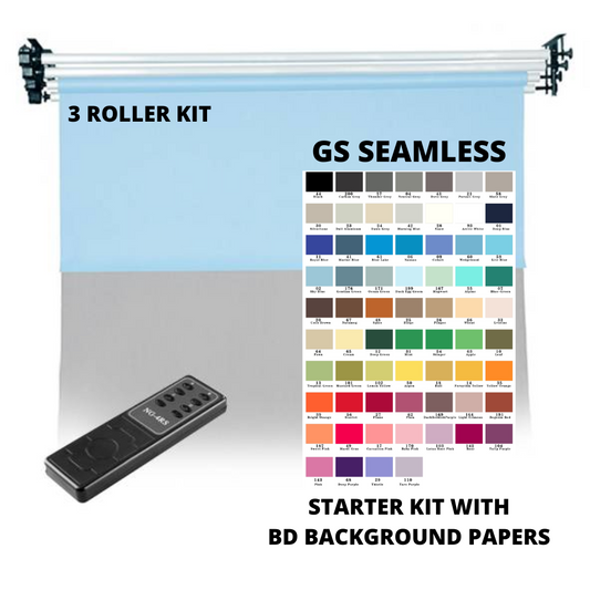 [GS] Wall Mounted Motorized 3 Rollers Backdrop Kit with 3 Colors Paper Backdrop Starter Kit (Wireless Remote)